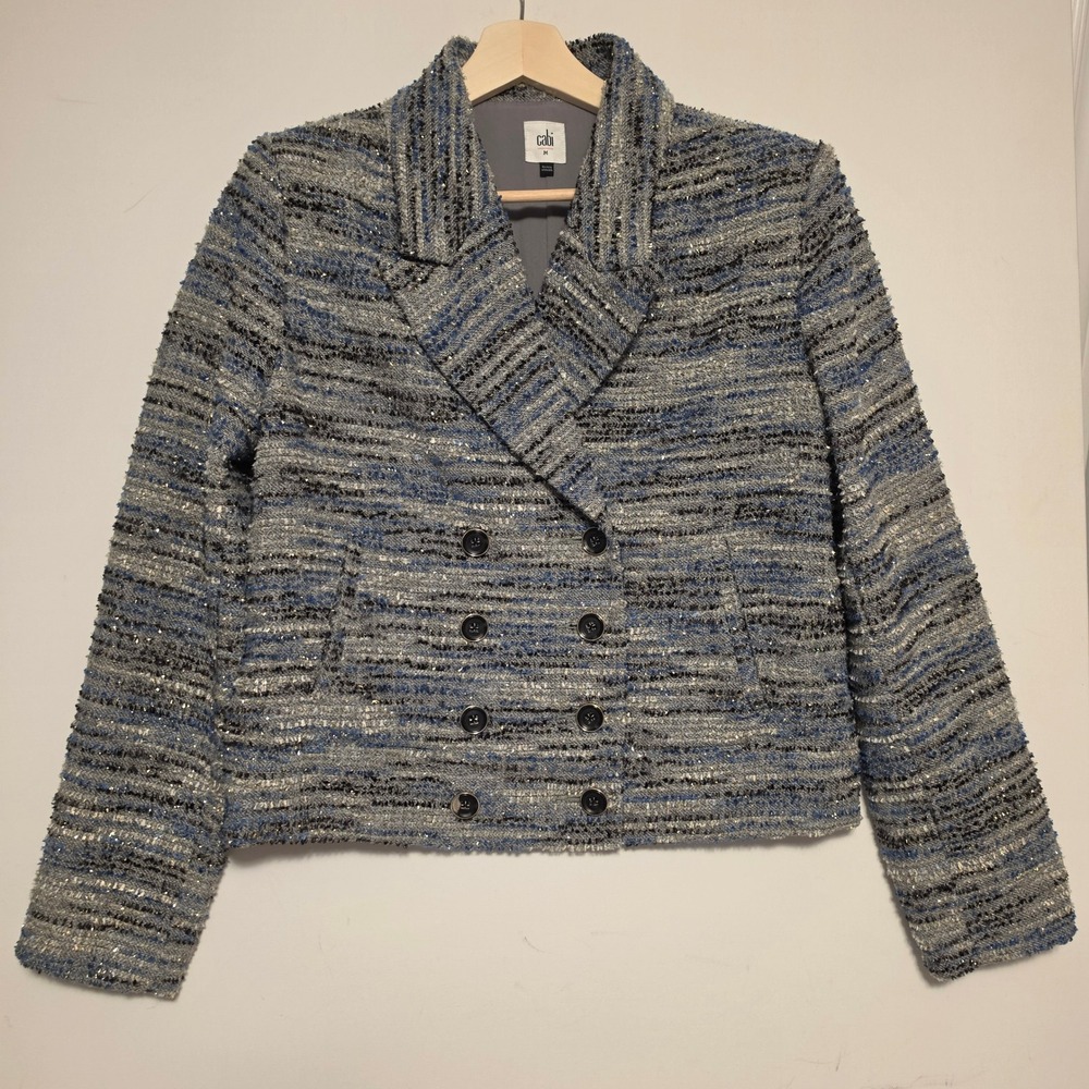 Cabi Metallic Blue Grey Tweed Double Breasted Cropped Blazer Jacket Size Medium